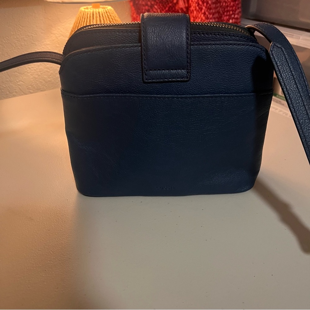 Fossil Dark Blue Leather Crossbody Messenger Bag with Gold Accents - Picture 4 of 12